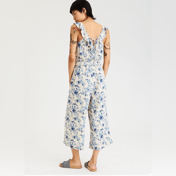 AE Tan and Blue Floral Wide-Leg Jumpsuit with Corset Back, Tie Waist and Ruffles - Picture 2 of 4